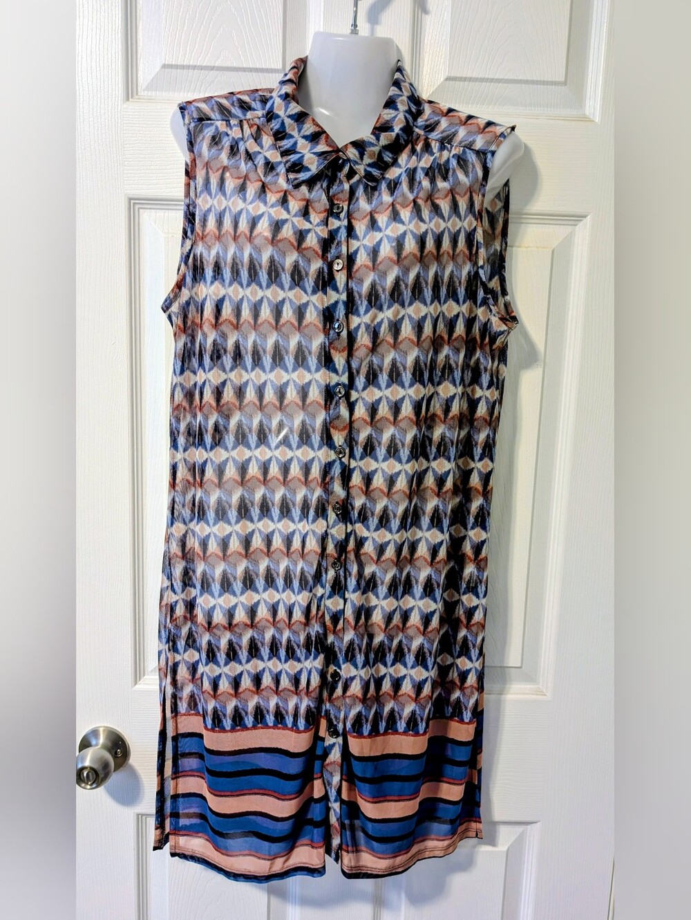 PerSeption Concept Blue & Tan Geometric Sheer Beach Cover-up